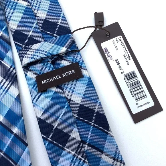 MICHAEL KORS Boys White Blue Plaid Slim 100% Silk Neck Tie - Picture 2 of 4
